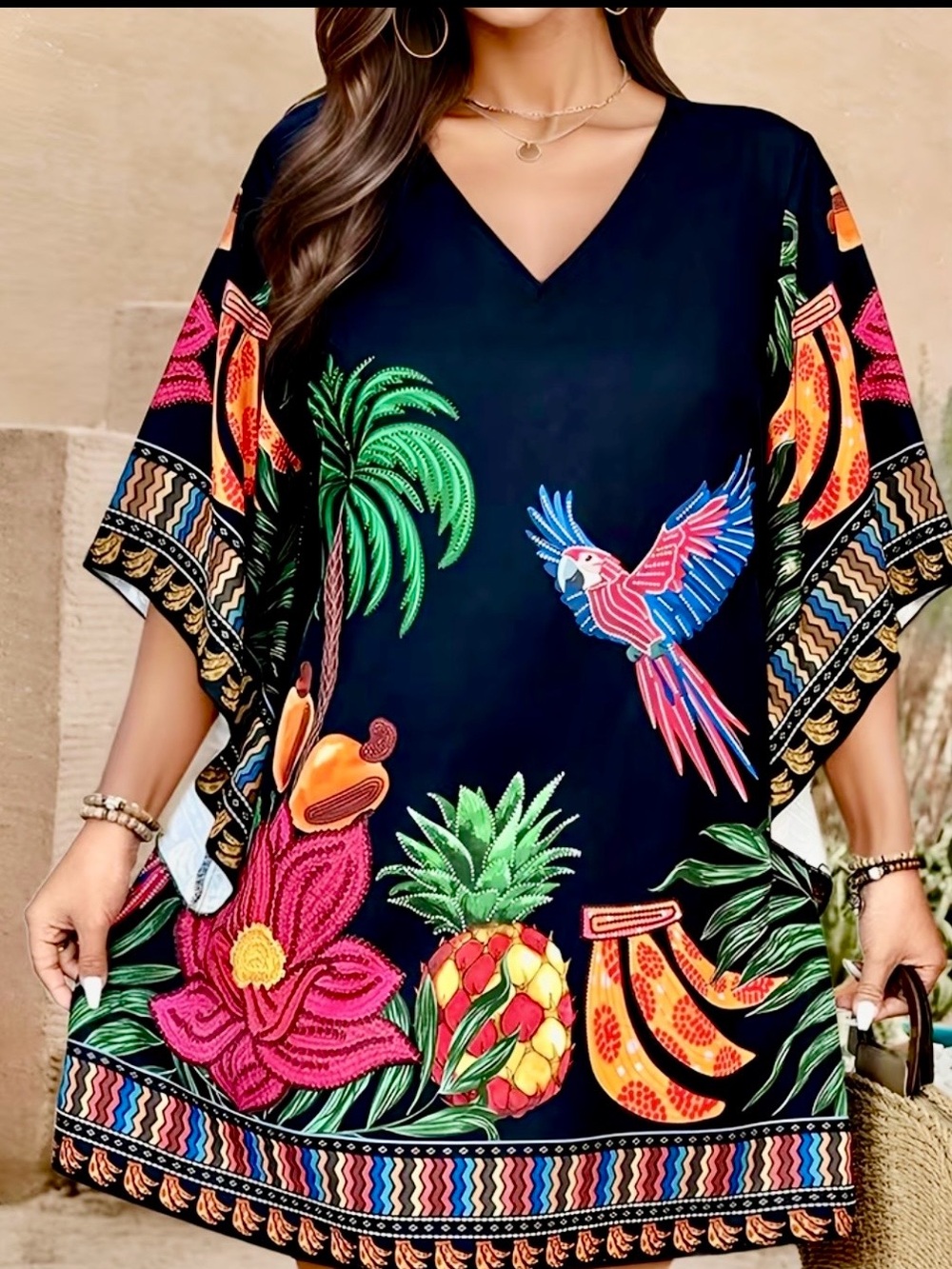Tropical Parrot & Pineapple Printed V-Neck Tunic - Black